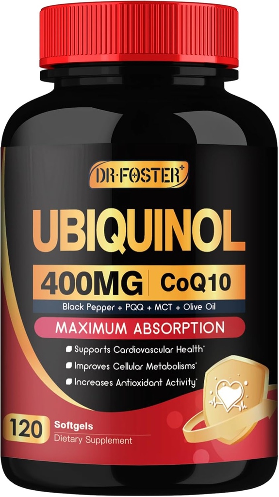 DRFOSTER Coq10 400mg Softgels Ubiquinol - Co Q 10 Supplément Coenzyme q10 Cq10 400mg Plus vitamine E, PQQ, poivre noir pour la santé cardiaque, 120 comtes