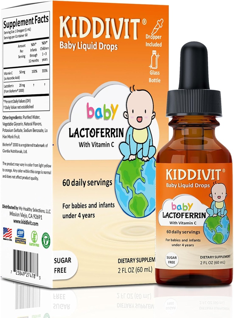Kiddivit gouttes liquides de la lactoferrine pour bébé – Supplément doux de soutien immunitaire – formule 100 mg avec insuline prébiotique – 60 portions quotidiennes – sans sucre, sans gluten, végétarien, 2oz