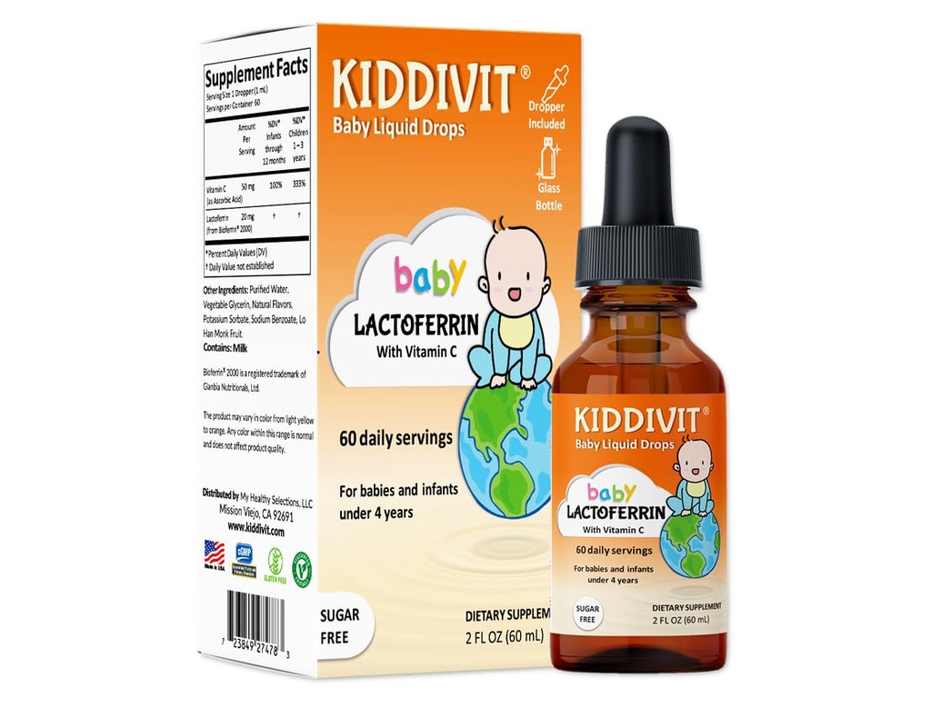 Kiddivit gouttes liquides de la lactoferrine pour bébé – Supplément doux de soutien immunitaire – formule 100 mg avec insuline prébiotique – 60 portions quotidiennes – sans sucre, sans gluten, végétarien, 2oz