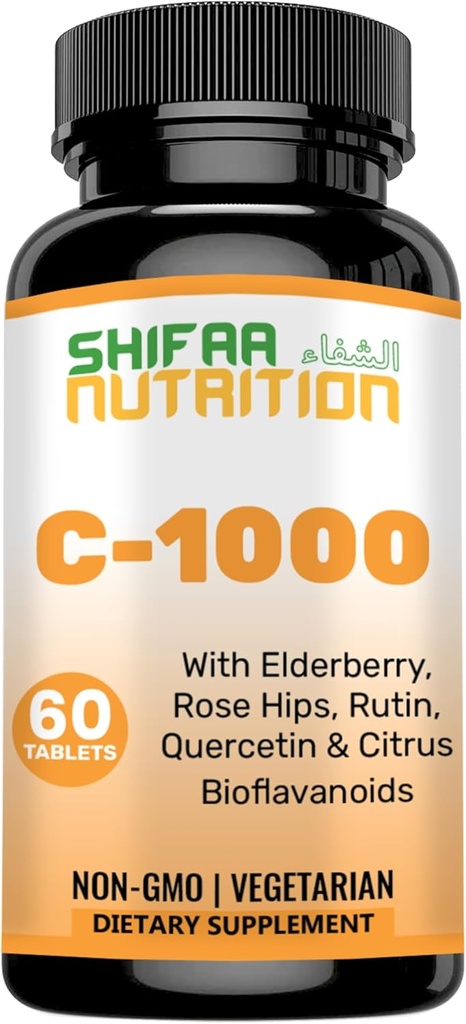 SHIFAA NUTRITION Vitamine halale C-1000mg Comprimés, 60 jours d'approvisionnement. Supplément de soutien immunitaire avec vitamine C, Elderberry, Quercetin, Rose HIPS & Rutin. Végétarien, Non-OGM, Sans sucre et Keto Friendly