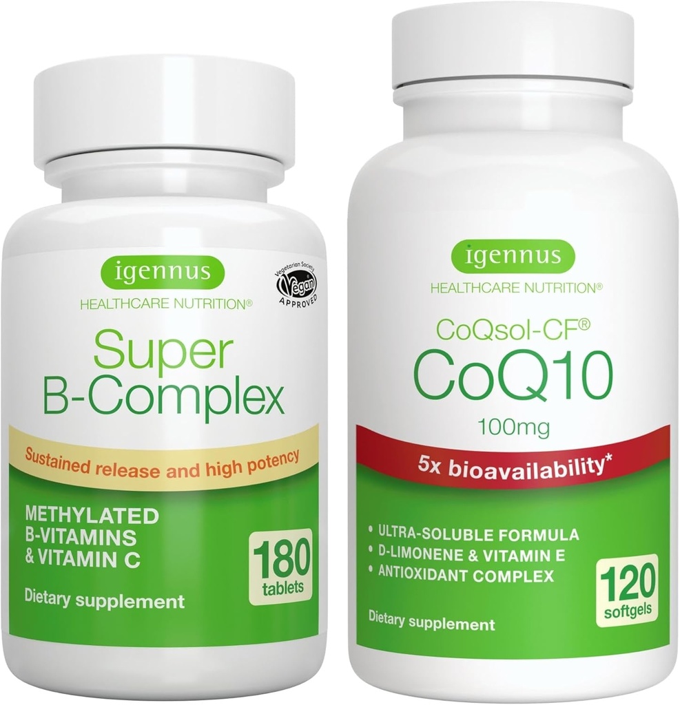Comprimés Super B-Complex 180 + haute absorption CoQ10 100mg 120 Softgels Energy Bundle, complexe Méthylé à libération prolongée B + CoQ10 avec vitamine E et D-Limonène, par Igennus