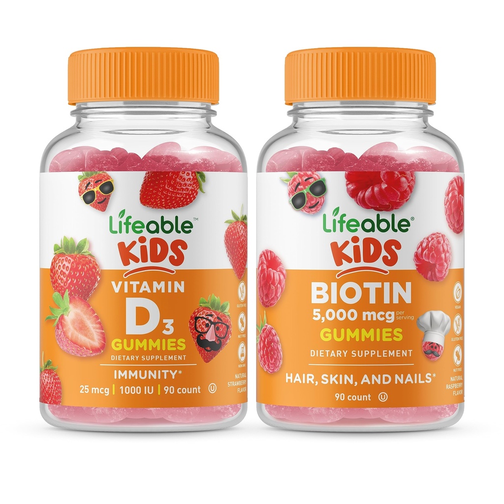 Vitamine D Lifeable Kids + Biotine Kids, Gommies Bundle - Grande dégustation, supplément de vitamine, sans gluten, sans OGM, gommy à croquer