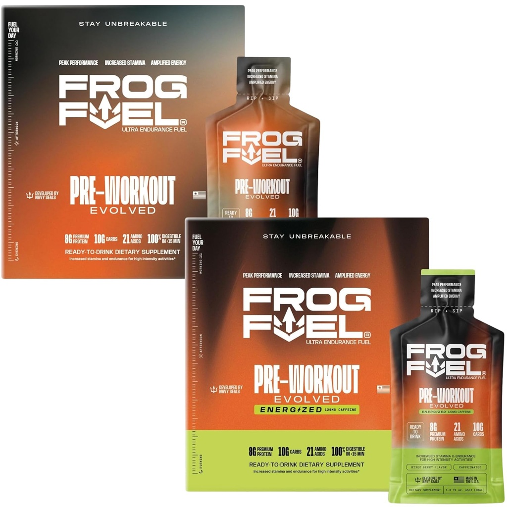 Frog Carburant Ultra & Ultra Energized Pre Workout Shot Bundle avec 1500mg Beta Alanine, Electrolytes 8g Protéines Nano-Hydrolyzed Grass Collagen, 10g Carbs, Berry, 1.2 oz Packets, 48 Pack