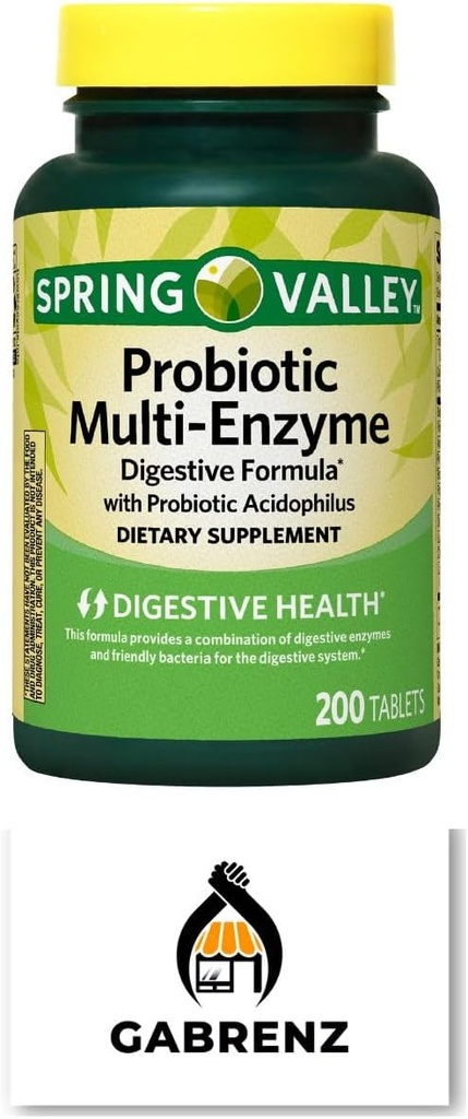 Spring Valley Probiotic Multi-Enzyme Digestive Formula Tablets, 200 ct - A Comprehensive Blend of Probiotics and Digestive Enzymes to Support Digestive Health. (Pack of 1) Includes a Gbz Ref Magnet