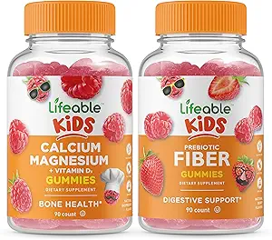 Calcium Lifeable Magnésium Enfants + Fibre prébiotique Enfants, Gommies Bundle - Grande dégustation, supplément de vitamine, sans gluten, sans OGM, Gummy à croquer