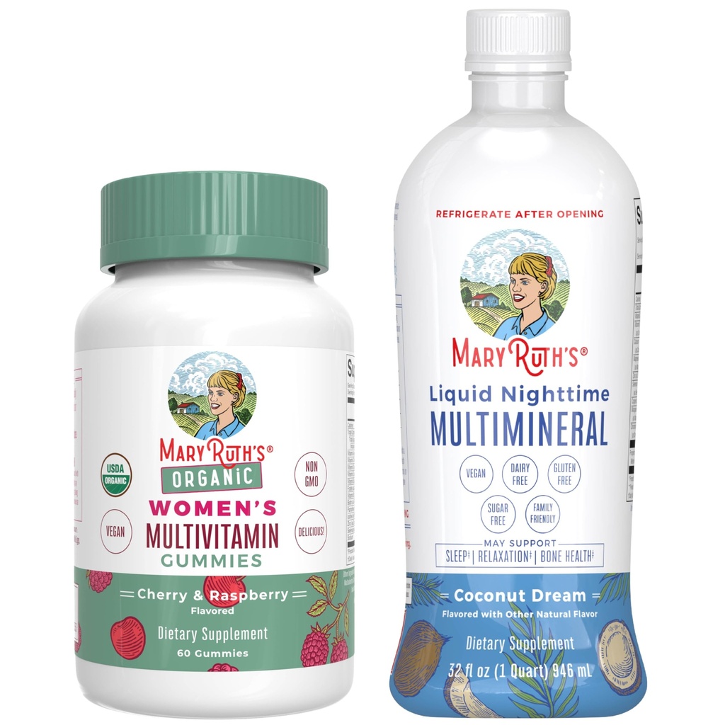 Gummies multivitamines de MaryRuth pour les femmes (Cherry & Raspberry) et liquide de nuit de noix de coco multiminérale (32oz)
