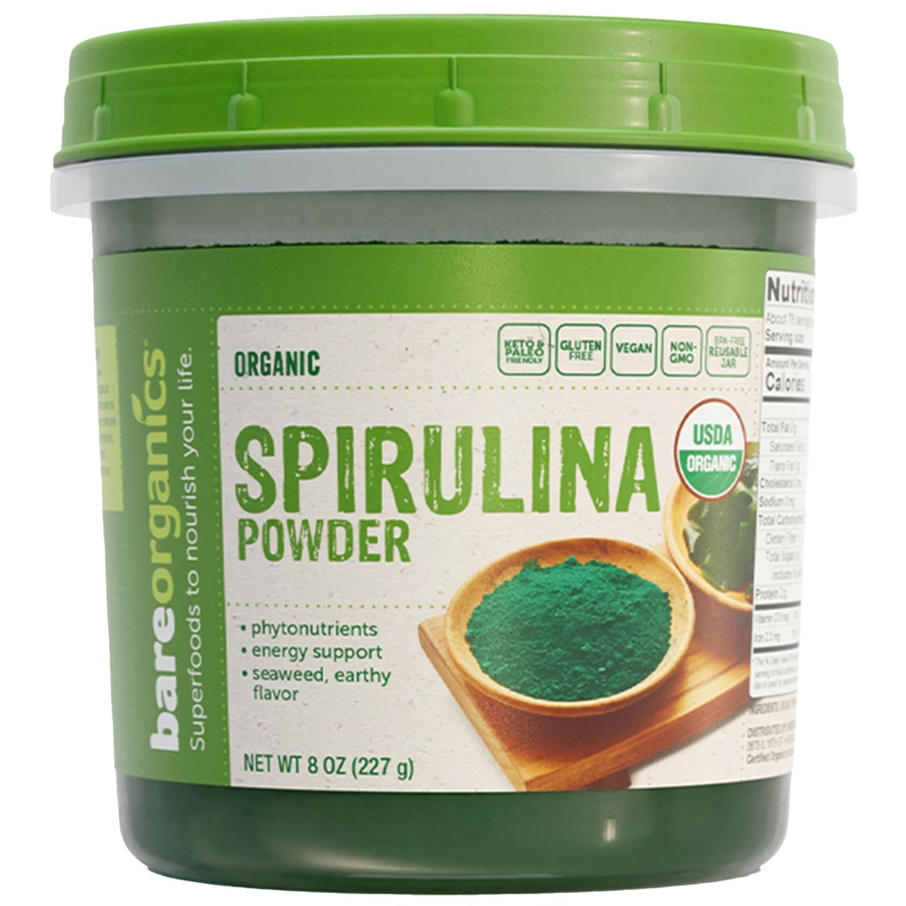 BareOrganics Spiruline Poudre - Bio Superfood Poudre - Vegan, Non-OGM, Sans gluten - Protéines élevées, Antioxydant-Rich pour Smoothies, Jus, Shakes & Daily Wellness, 8 Oz