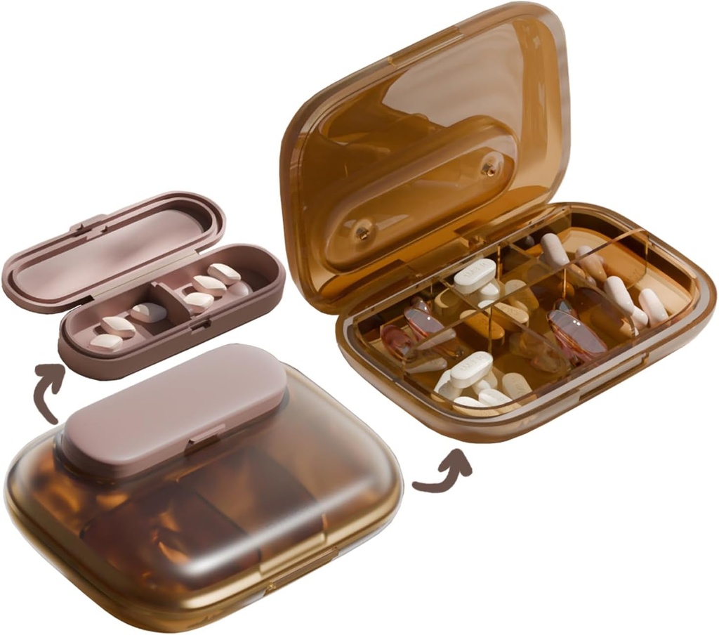 MURRI&MURRDI Organisateur de pilules de voyage, 6 compartiments Petit contenant de pilules, boîte à pilules quotidienne pour contenir des vitamines, étui de pilule portable pour la médecine de poche Organisateur amovible (G Café)