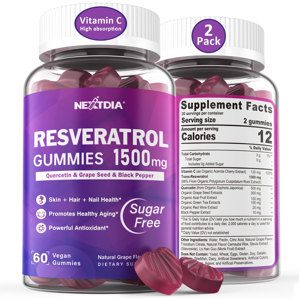 Resveratrol Supplément 1500mg - Resveratrol Gummies supporte NAD+, NMN & NMNH Synergy, avec Quercetin, Graines de raisin, Extraits de baies d'açai pour Antioxydant, Vieillissement en santé et longévité, Peau, Cerveau - 2Pcs