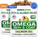 BARK&SPARK (paquet de 2 Omega 3 pour chiens - 360 bouchées à l'huile de poisson pour chiens, allergie cutanée, soulagement des démangeaisons, traitement des taches chaudes - santé articulaire - supplément de peau et de manteau - EPA&DHA Acides gras