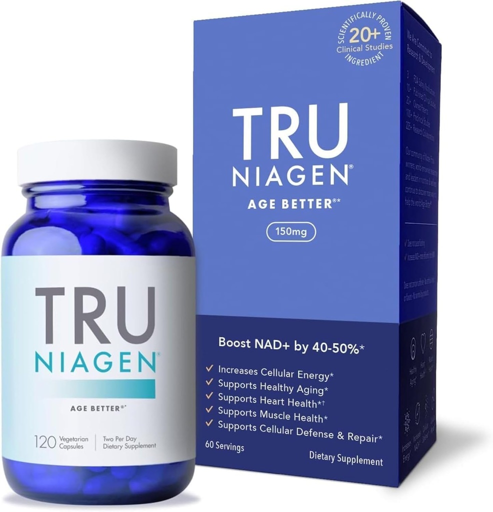 TRU NIAGEN - Nicotinamide Riboside breveté NAD+ Supplément. NR soutient le métabolisme et la réparation de l'énergie cellulaire, la vitalité, le vieillissement en santé du cœur, du cerveau et des muscles - 60 portions / 120 capsules