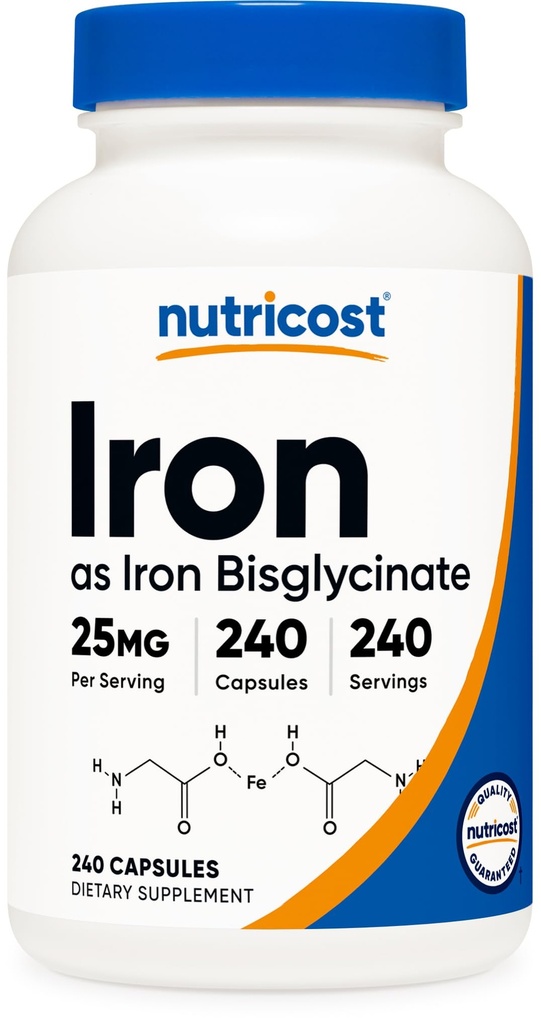 Supplément de bisglycinate de fer de Nutricost (25mg) 240 capsules - de bisglycinate de fer - sans OGM et sans gluten