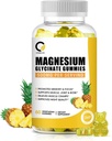 (1 Pack) Glycinat de magnésium Gommies, supplément de magnésium à haute absorption avec calcium et vitamines, os de soutien, muscles, nuit, mémoire et humeur, végétalien, non-OGM, 60 comtes, goût d'ananas