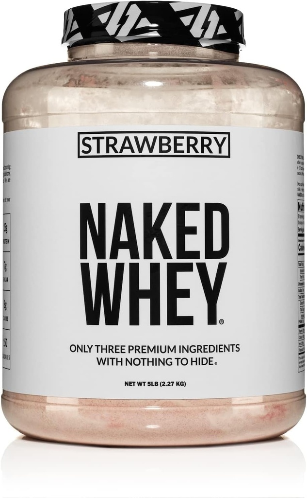 NAKED Strawberry Whey Protein - Toutes les herbes naturelles Poudre de protéines de lactosérum + Fraises séchées + Sucre de coco- 5 lb en vrac, sans OGM, sans soja, sans gluten.