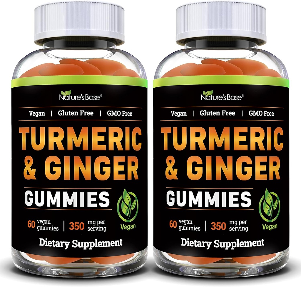 Nature's Base Turmeric and Ginger Gummies for Adult (2 Pack) - Supplément Curcumin Tumeric pour soutenir la santé conjointe et le soutien immunitaire - 120 Gummies Vegan