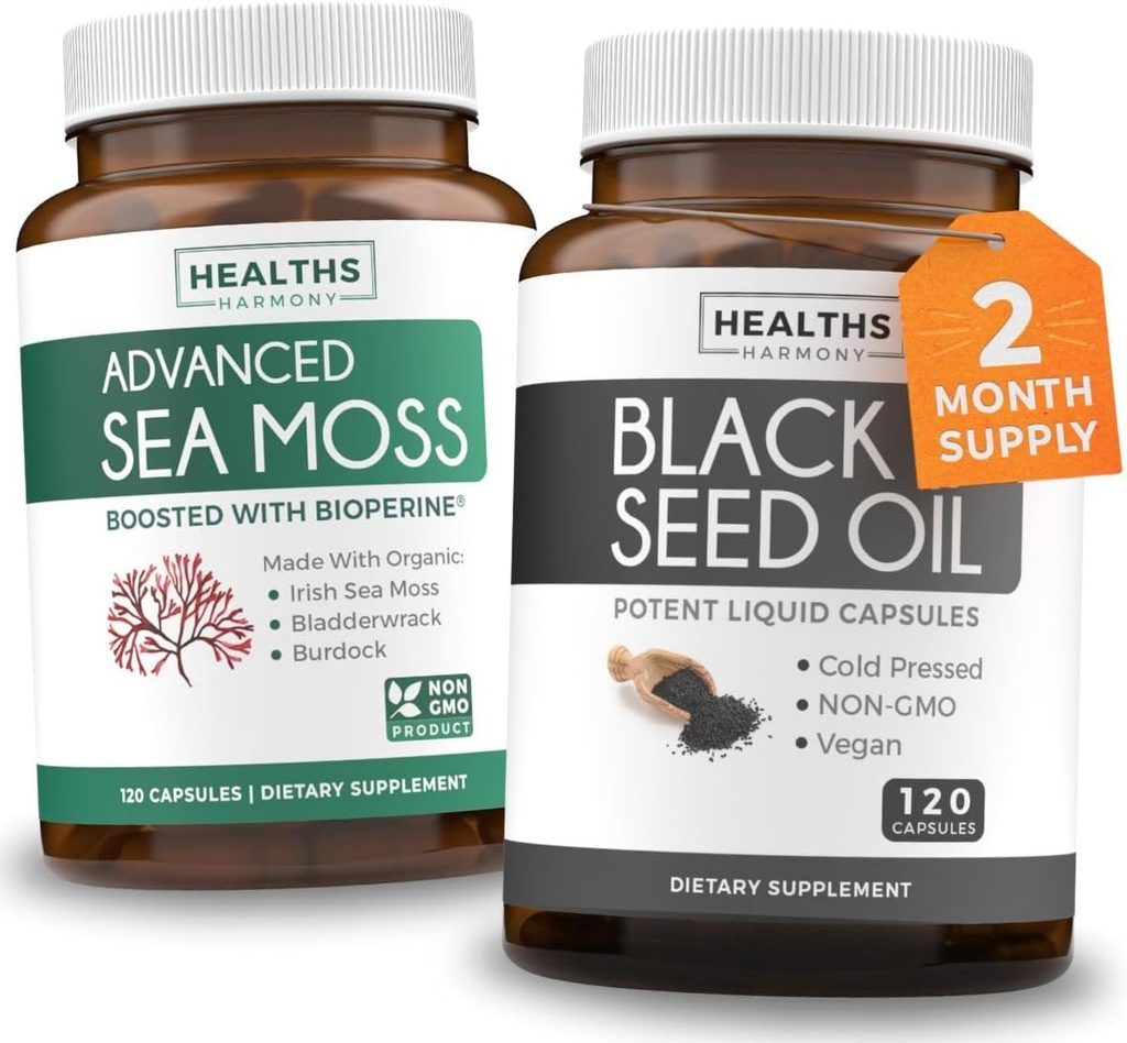 Huile de graines noires et mousse de mer d'Irlande (2-Mois) - Wellness Duo Bundle of Black Seed Oil (120 Capsules) Nigella Sativa à pression froide et mousse de mer d'Irlande (120 Capsules) avec biopérine et bladderwrack