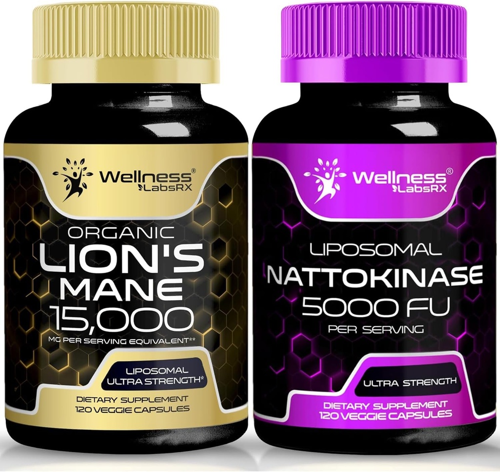 WELLNESS LABSRX Lions Mane Supplément Capsules - 120 Compte - Nattokinase Capsules