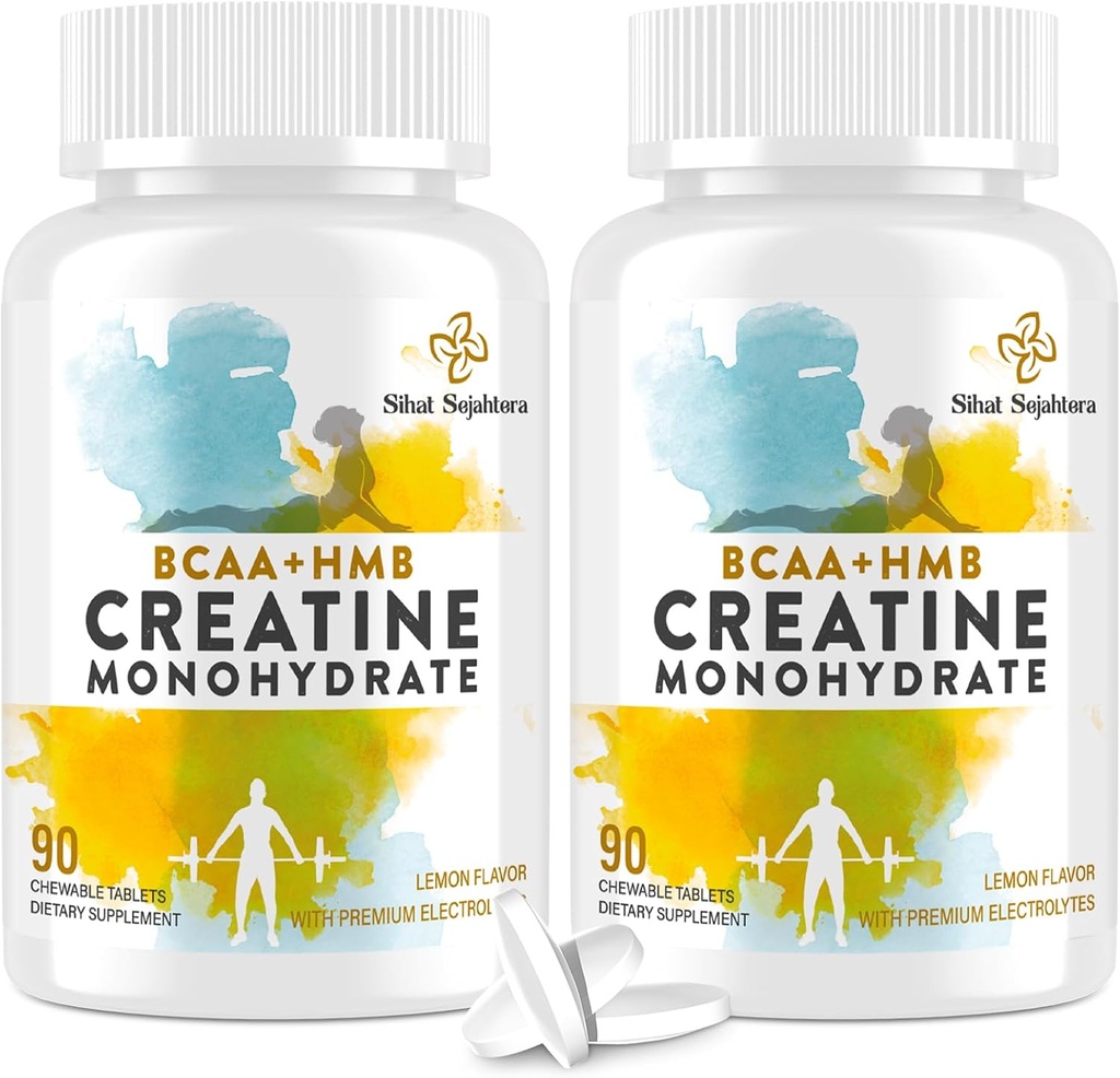 Monohydrate de créatine 8-en-1 avec BCAA & HMB, 5000 mg pour les hommes et les femmes, croustilles de créatine pour les muscles, la récupération, l'endurance et la force, haute absorption, saveur de citron, sans sucre, 180 comprimés