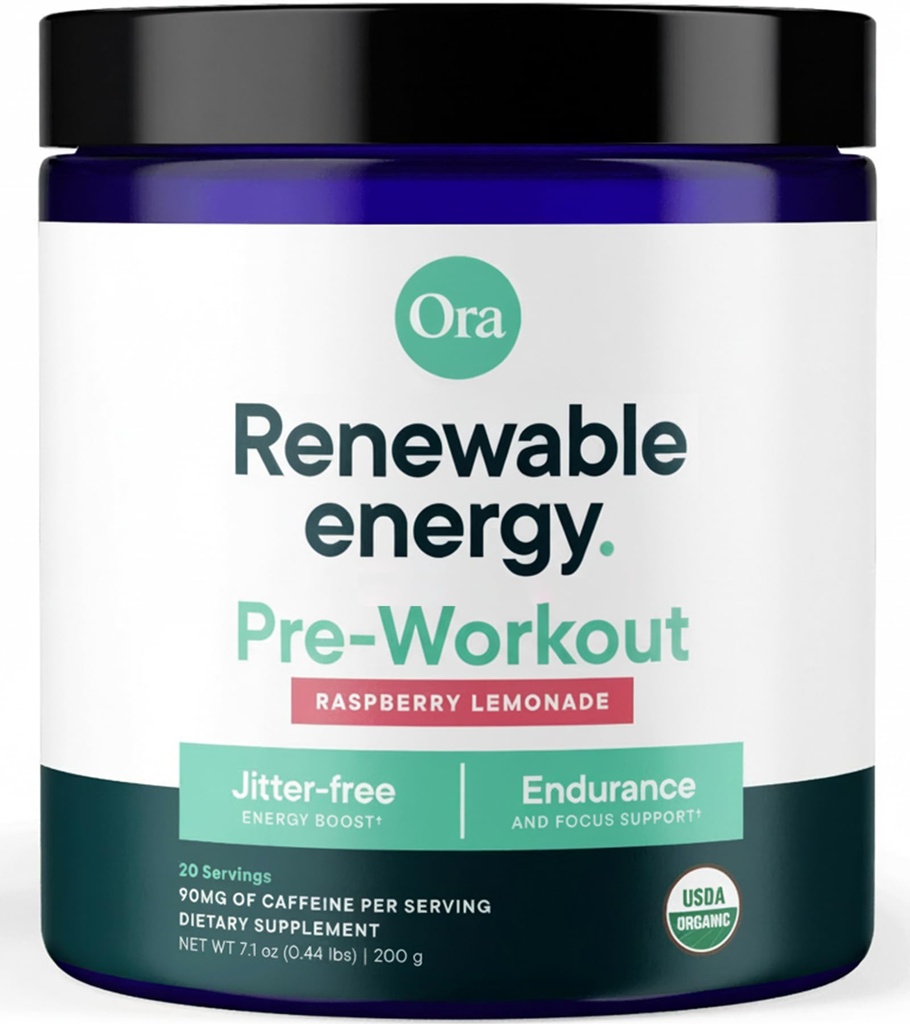 Ora bio poudre de pré-entraînement naturel - Lemonade de framboise Saveur- Fournit Jitter Sans énergie, Focus, Hydratation, & Endurance - végétalien, certifié biologique, soja, laiterie, et sans gluten, 20 portions