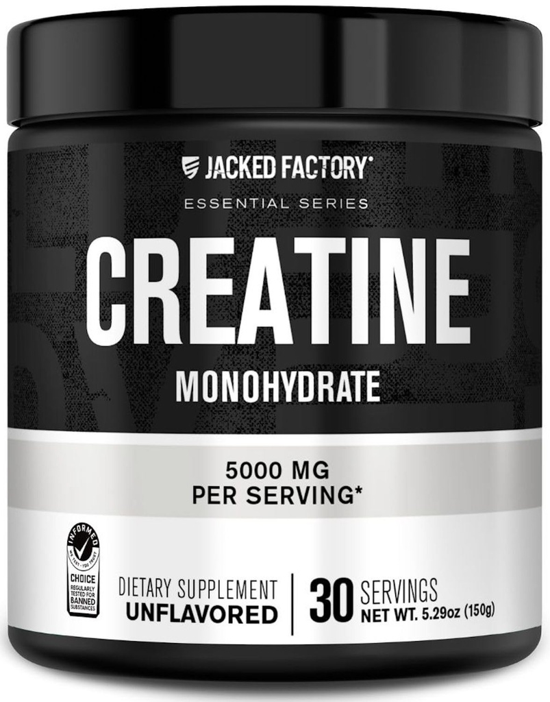 Poudre monohydratée en créatine de l'usine Jacked 150g - Supplément créatine quotidien 5g pour les hommes et les femmes, Amies des végétaliens, Testées en troisième partie - 30 portions, non aromatisées