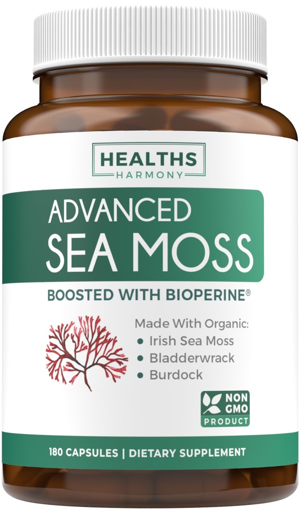 Capsules de mousse de mer d'Irlande biologique - Capsules de mousse de mer biologique avec racine de barderwrack et extrait de poivre noir pour l'absorption améliorée - Vegan non-OGM et fabriqués aux États-Unis (3 mois d'approvisionnement)