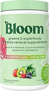 Bloom Nutrition Greens and Superfoods Powder Packets for Digestive Health, Greens Powder, Enzymes digestifs, Probiotiques, Spiruline, Chlorella for Bloating & Gut Support, 15 Stick, Strawberry Kiwi