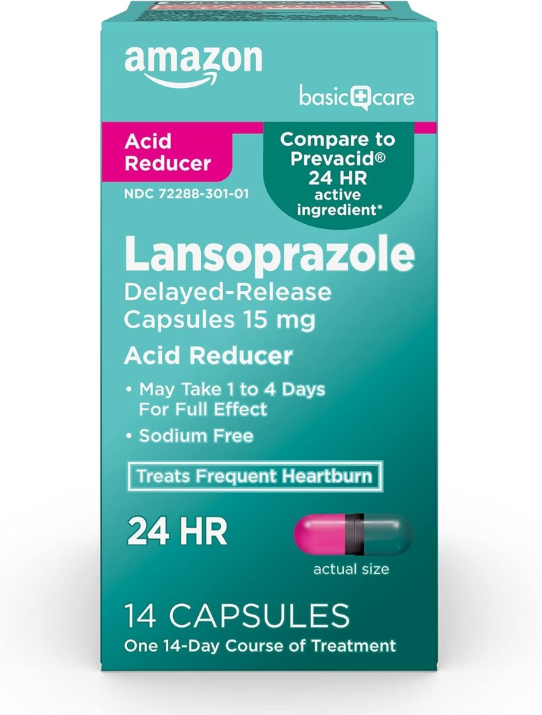 Amazon Basic Care Lansoprazole Capsules de libération retardée, 15 mg, traite les brûlures d'estomac fréquentes, 14 Compte