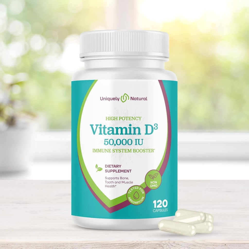 Vitamine D3 50,000 UI 125mcg Capsules - 120 compléments hebdomadaires biologiques, pilules sans gluten non OGM, pour os forts, dents, crème - Fabriqué aux États-Unis
