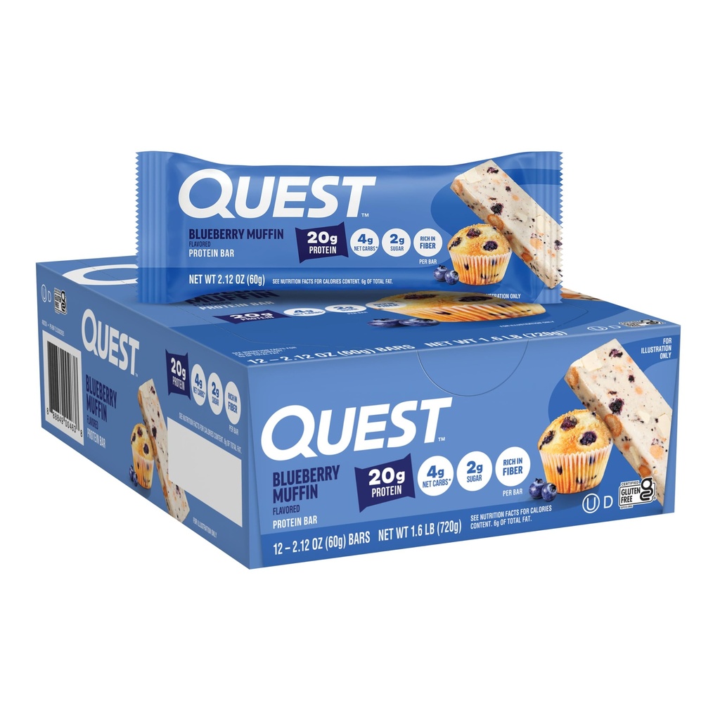 Quest Nutrition Barres protéinées de muffins de bleuets, 20g de protéines, 2g de sucre, 5g de glucides nets, sans gluten, ami du kéto, 12 Compte