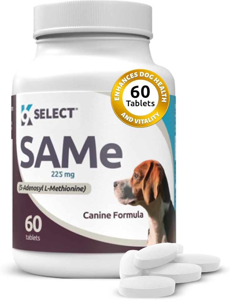 K9 Sélectionner SAM-e pour les chiens: 225mg, 60 comprimés S-Adenosyl-L-Méthionine Supplément hépatique actif - Nutrition cognitive et articulaire pour les chiens moyens et grands - Supplément nutritionnel pour le même foie de chien