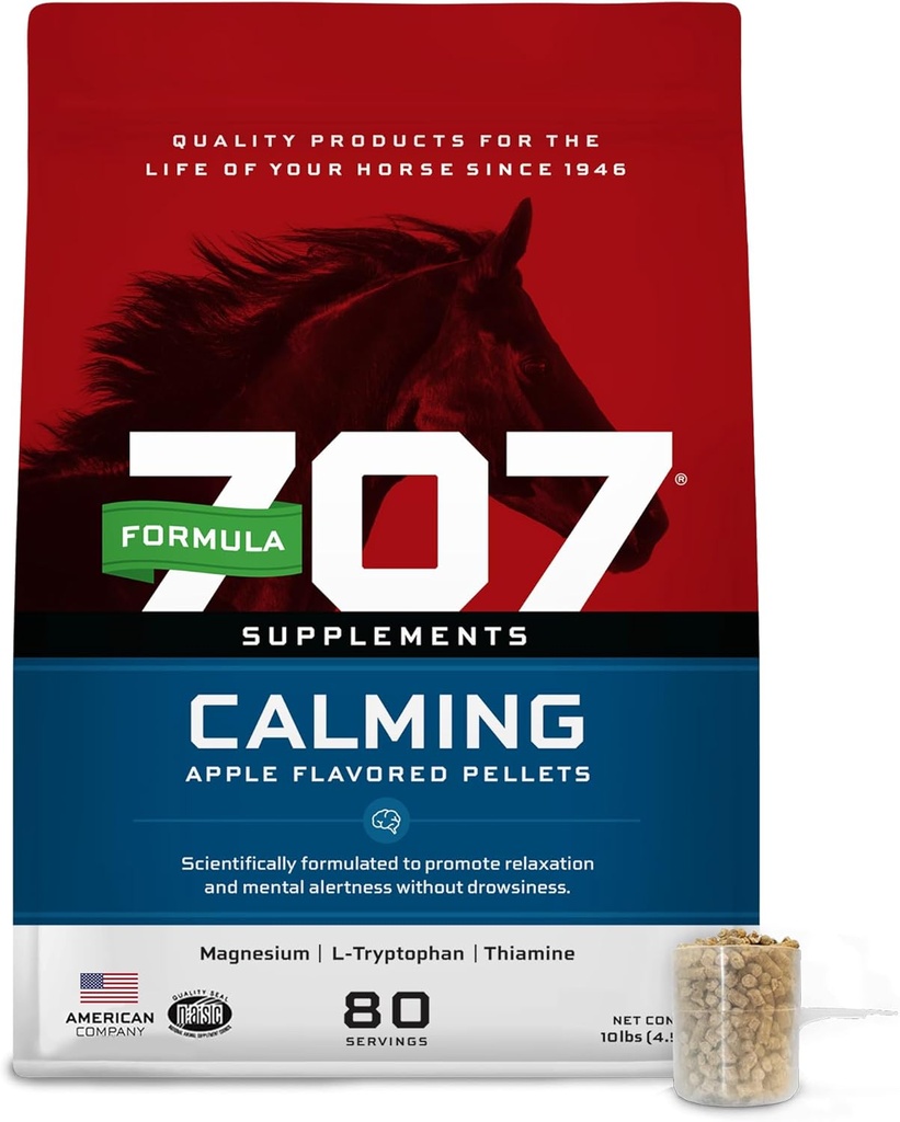 Formule 707 Supplément équine calmant 10 lb Sac – 80 portions – Anxiété et accent amélioré pour les chevaux – L-Tryptophane, Thiamine & Magnésium