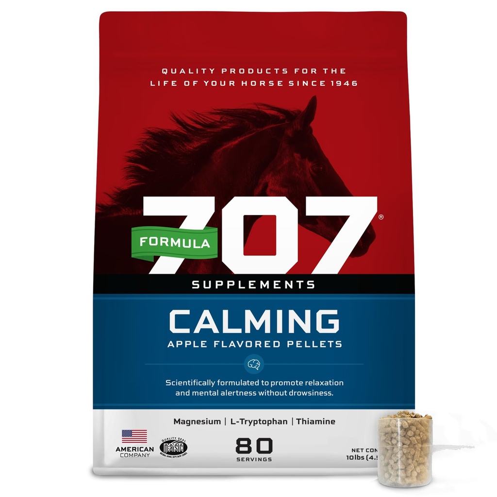 Formule 707 Supplément équine calmant 10 lb Sac – 80 portions – Anxiété et accent amélioré pour les chevaux – L-Tryptophane, Thiamine & Magnésium