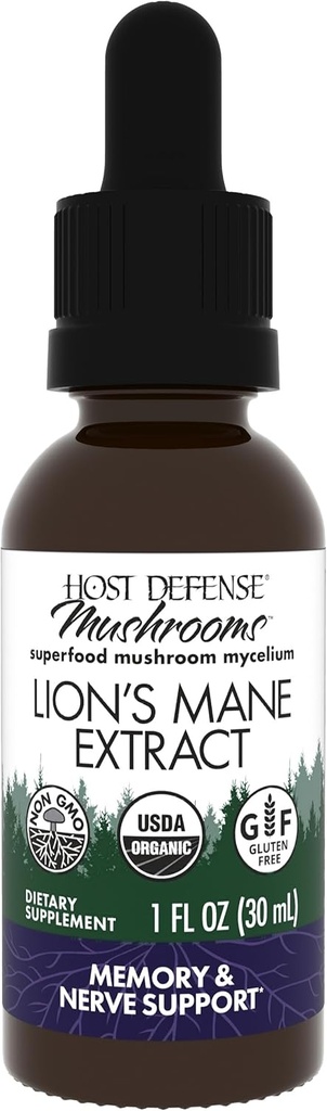 Host Defense Mushrooms Lion's Mane Extract - Lion's Mane Liquid Complement for Brain Health - Mushroom Support for Focus & Memory Function - Immune & Nervous System Support - 1 fl oz (30 portions)*