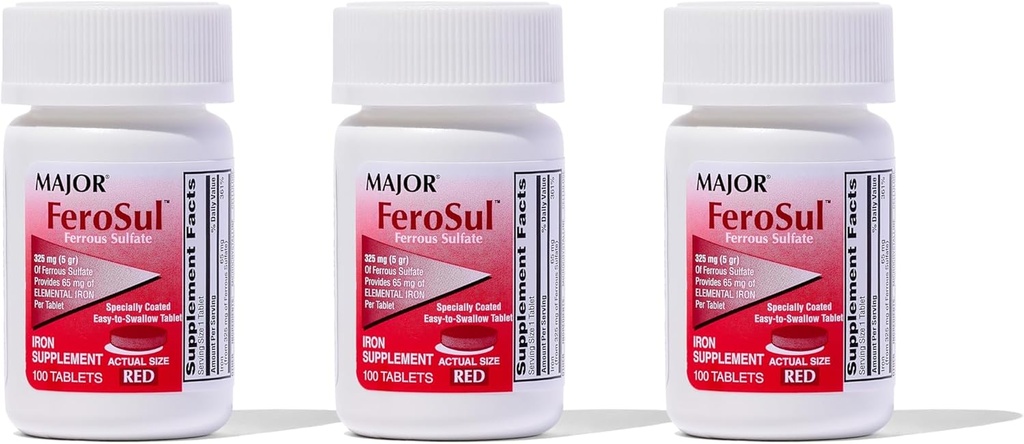 MAJOR Ferosul - Sulfate ferreux 325mg Comprimés avec 65mg de fer élémentaire - Supplément en fer pour les femmes, les hommes - Rouge - 100 Comprimés (3 Pack)