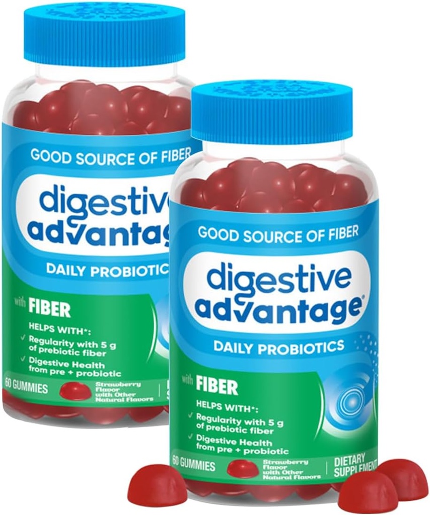 Avantage digestif Supplément de fibre prébiotique Gommies aux arômes de fraises avec probiotiques pour les femmes et les hommes Santé digestive, la régularité des adultes et la santé des gourdes, 60 Compte (2 Pack)