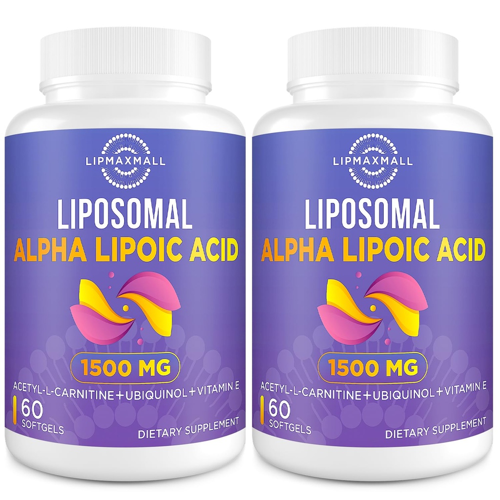 Acide alpha lipoïque liposomique 1500mg - avec acétyl-L-Carnitine 900mg & Ubiquinol 100mg & Vitamine E 15mg,ALA Supplément pour les antioxydants Glucose Métabolisme Nerve Energy,60 Softgels (2 bouteille)