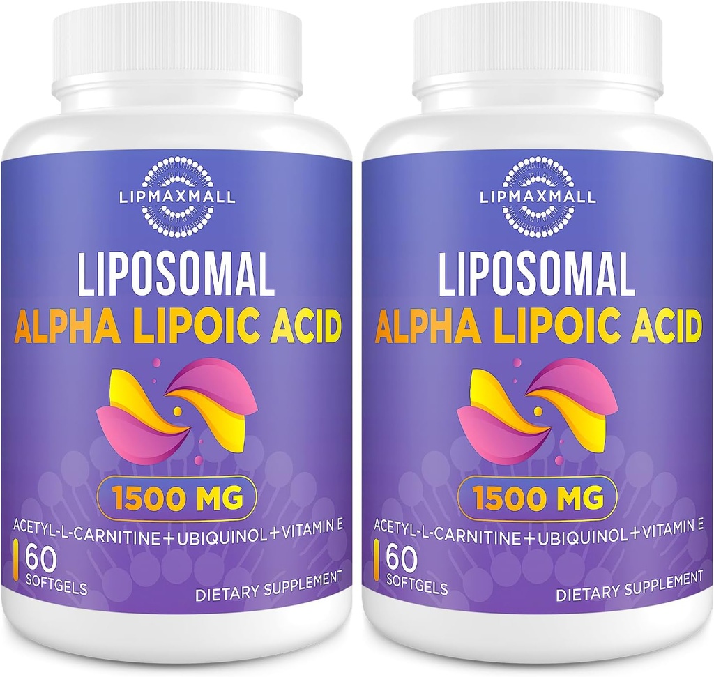 Acide alpha lipoïque liposomique 1500mg - avec acétyl-L-Carnitine 900mg & Ubiquinol 100mg & Vitamine E 15mg,ALA Supplément pour les antioxydants Glucose Métabolisme Nerve Energy,60 Softgels (2 bouteille)