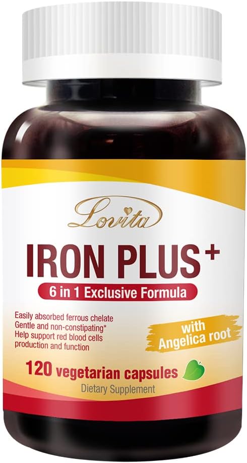 Lovita Fer 18 mg, 6 en 1 supplément de fer pour les femmes, vitamine C, Dong Quai & B12, Vitamine végétalienne pour soutenir la production de globules rouges sans constipation, 120 capsules
