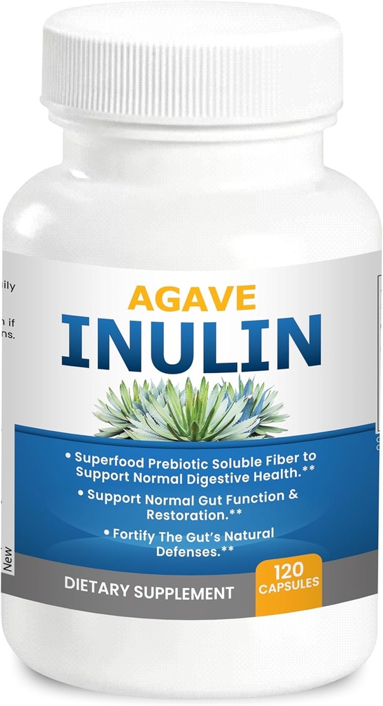 Agave Inulin Capsules Soutien digestif Fibre soluble Inuline prébiotique Agave 120 Ct.