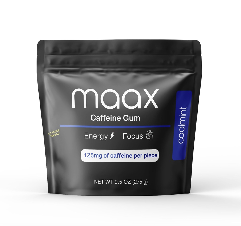 Maax Caféine Énergie Gum-Coupe Focus Gum-Coupe 125mg de caféine par pièce Coolmint-Coupe 125 pièces par sac