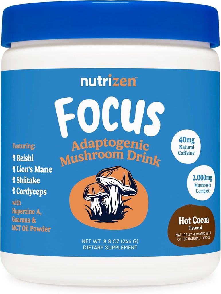 Nutricost Nutrizen AM Focus Boissons de champignons Adaptogènes (Hot Cocoa aromatisé) 30 portions - Comprend Reishi, Lion's Mane, Shiitake, Cordyceps