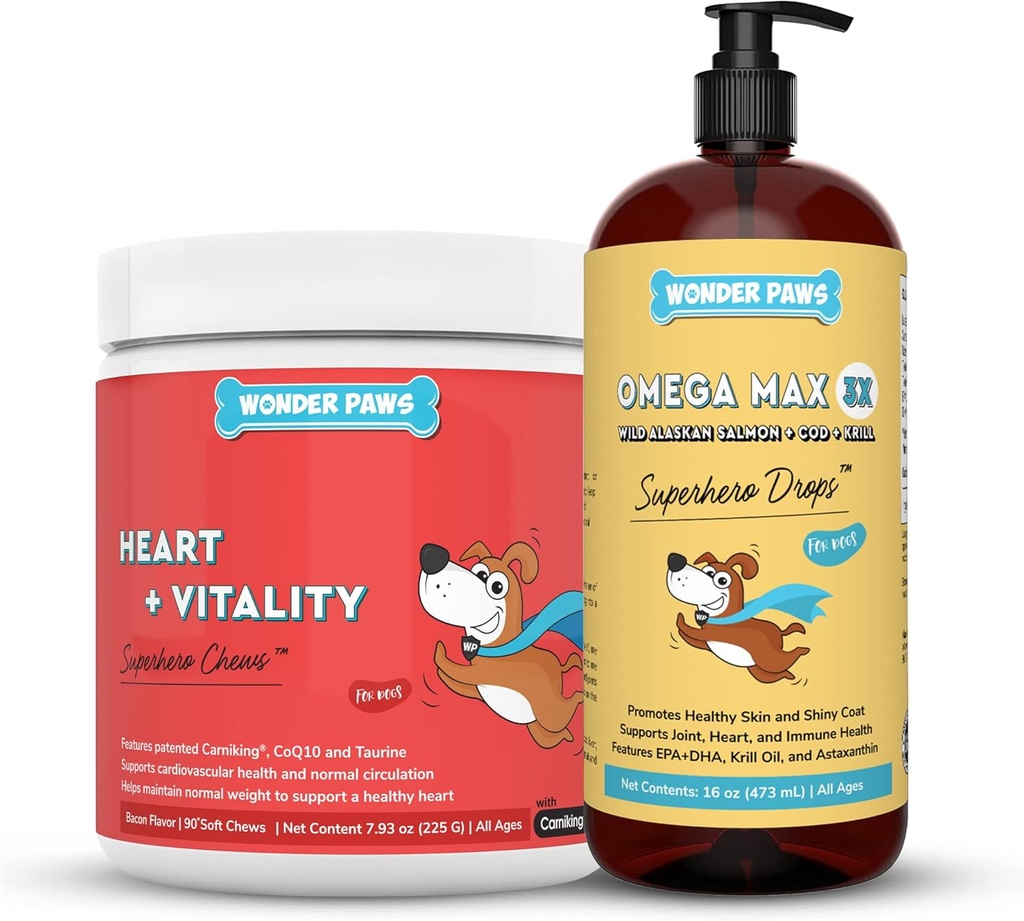 WONDER PAWS Heart + Vitalité Superhero Chews Plus Omega Max Huile de poisson - pour chiens Heart Health, Skin and Joint Care & Immune Support - Heart + Vitalité 90 Chews - Omega Max 16 Onces