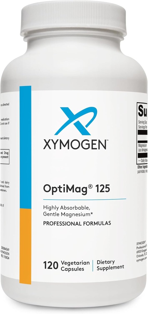 XYMOGEN OptiMag 125 - Supplément de magnésium avec le malate de di-magnésium et le lysinate de glycine pour soutenir Nerve, Muscle, Santé osseuse + Santé cardiaque (120 capsules)