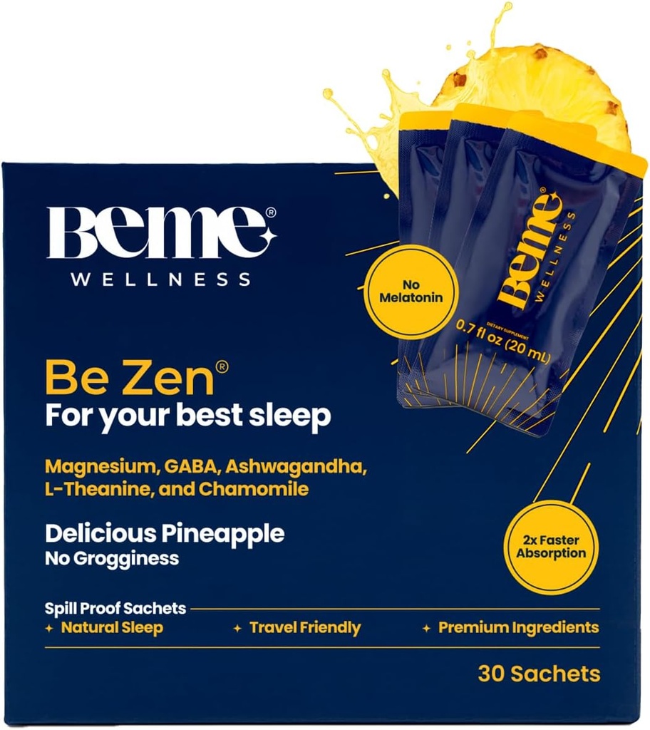 BeMe BeZen Supplément aide au sommeil naturel sans mélatonine - 2X Absorption que les pilules - Aides au sommeil pour les adultes avec Magnésium, Ashwagandha, Camomile, L-Theanine et GABA - Delicious Ananas