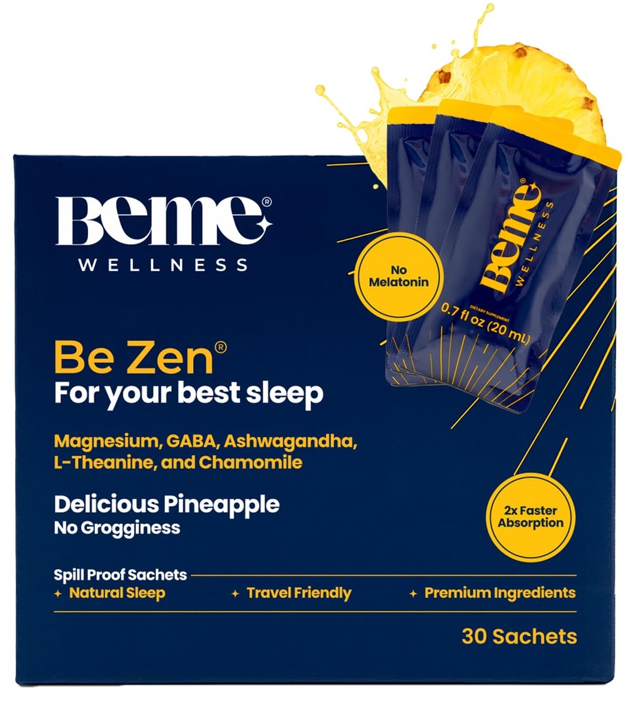 BeMe BeZen Supplément aide au sommeil naturel sans mélatonine - 2X Absorption que les pilules - Aides au sommeil pour les adultes avec Magnésium, Ashwagandha, Camomile, L-Theanine et GABA - Delicious Ananas