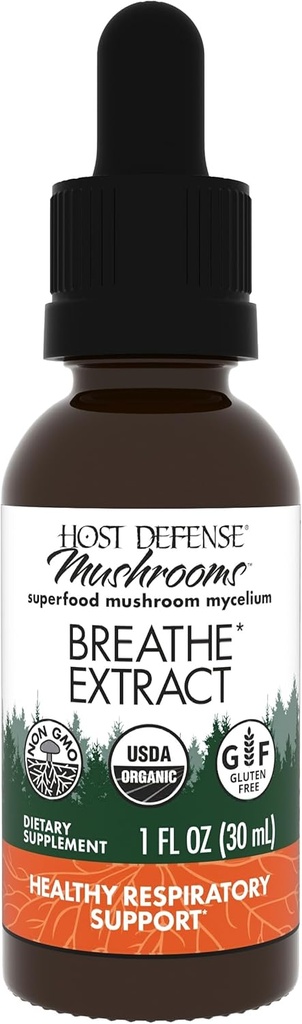 Host Defense Breathe* Extract - Supplément liquide pour champignons immunitaires et respiratoires - Supplément santé pulmonaire à base de plantes avec Chaga, Reishi & Cordyceps - 1 fl oz (30 portions)*