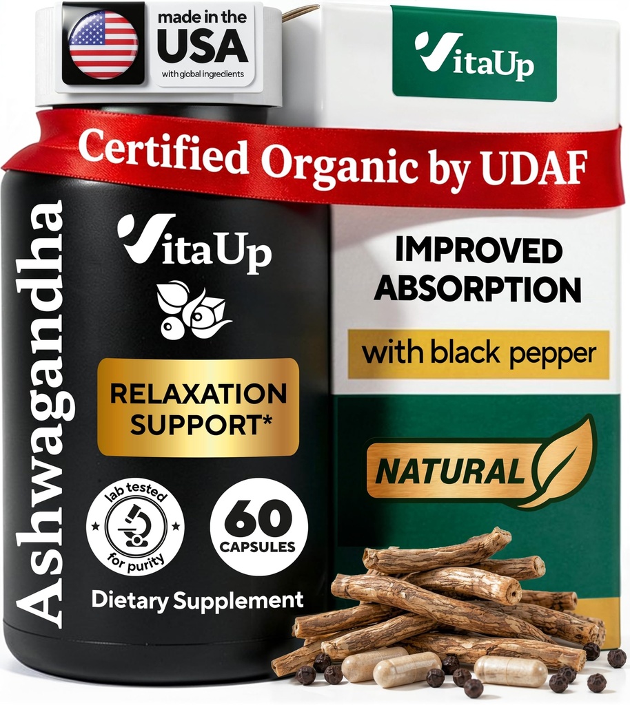 Capsules Ashwagandha 1310mg avec poivre noir - Suppléments Ashwagandha fabriqués aux États-Unis pour le support de relaxation, la fonction cognitive normale et les niveaux d'énergie équilibrés – 60 capsules
