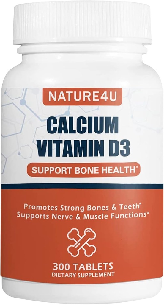 Calcium 1000 mg avec vitamine D3, supplément santé os pour les adultes, soutien de Muscel Nerve Health et absorption de calcium, 300 comprimés
