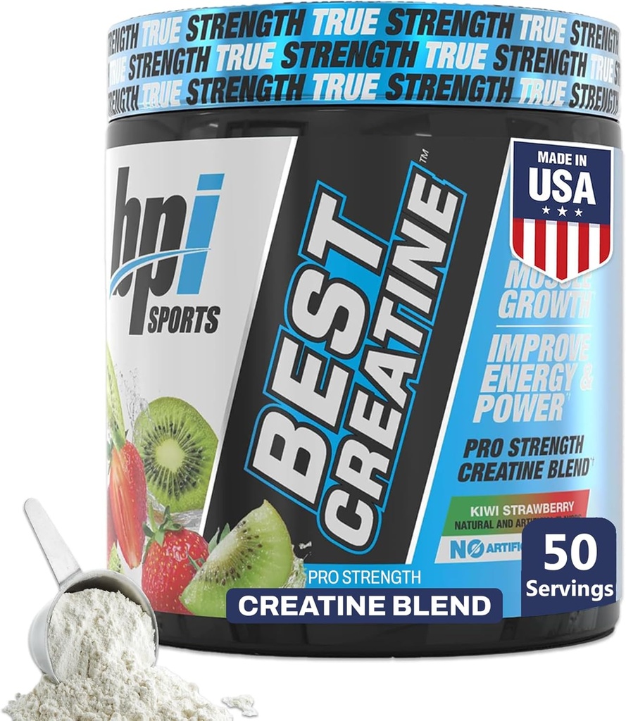 BPI Sports Meilleure créatine - Creatine en poudre monohydratée pour les hommes et les femmes, sel himalayen - force, pompe, endurance, croissance musculaire, définition musculaire, pas de bloate - fraise Kiwi - 50 portions - 9,07 Oz