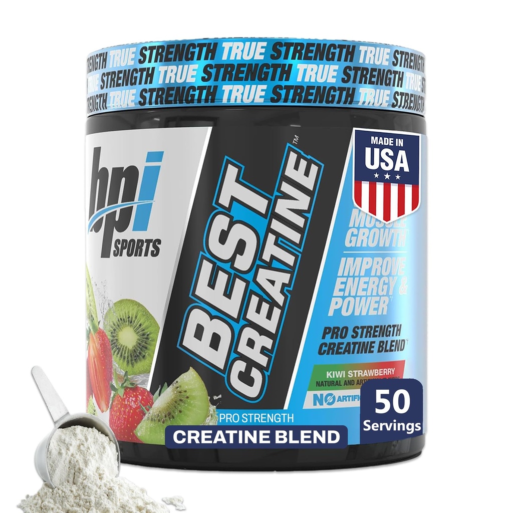 BPI Sports Meilleure créatine - Creatine en poudre monohydratée pour les hommes et les femmes, sel himalayen - force, pompe, endurance, croissance musculaire, définition musculaire, pas de bloate - fraise Kiwi - 50 portions - 9,07 Oz